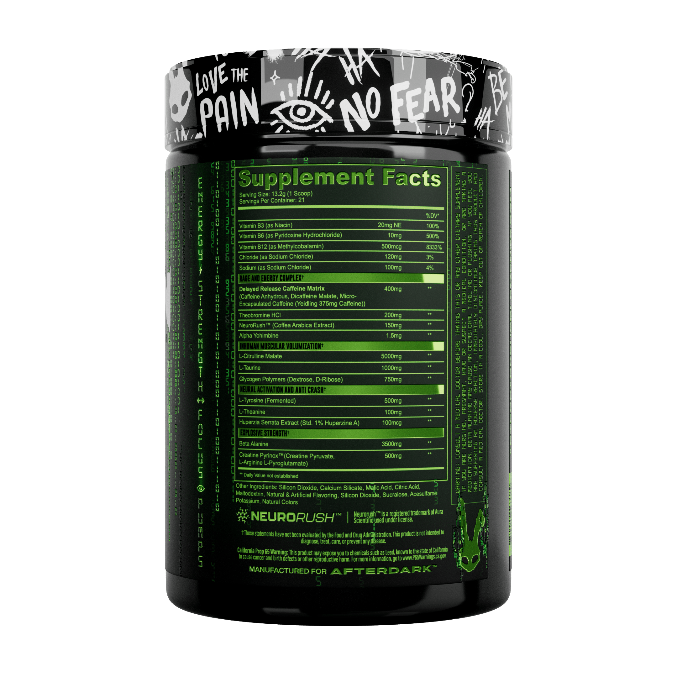 AfterDark Inhuman nutrition and supplement facts label