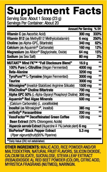 Mutant MIND FK nutrition and supplement facts label